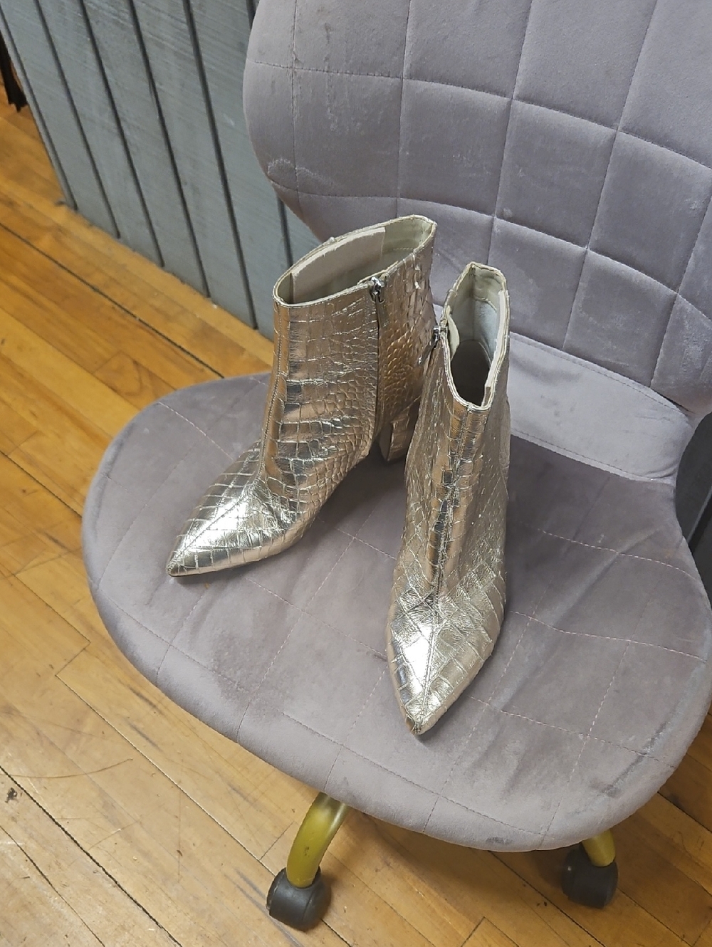 Sam Edelman Metallic Gold Croc-Embossed Pointed Toe Ankle Boots
